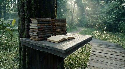 Wall Mural - A serene forest scene with a wooden shelf holding stacked books and an open book, illuminated by soft sunlight filtering through the trees.