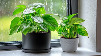 Poster - Two vibrant green plants sit on a windowsill, glistening with water droplets, framed by a rainy backdrop.