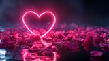 Podium framed with a neon pink heart outline and scattered rose petals on a shiny surface 