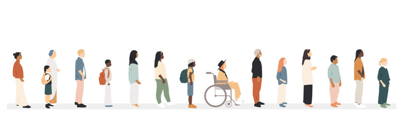 different people standing one by one. queue concept.