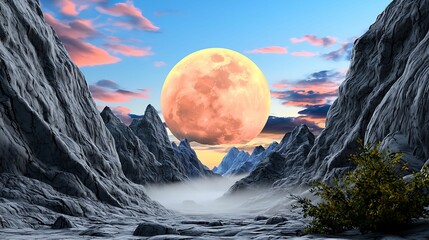 Wall Mural - a breathtaking landscape featuring a large moon rising over misty mountains, illuminated by colorful