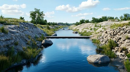 Wall Mural - a serene river flows between rocky banks under a bright sky, surrounded by lush vegetation and stone