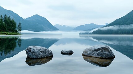 Wall Mural - A serene lake reflects mountains and mist, with smooth stones creating a tranquil foreground, embodying natural beauty and peacefulness.
