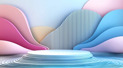 Wall Mural - a colorful abstract background featuring layered waves and a central podium, ideal for product displ