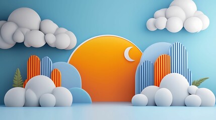 Sticker - A vibrant, abstract landscape featuring colorful shapes, clouds, and a stylized sun, creating a cheerful and modern atmosphere.