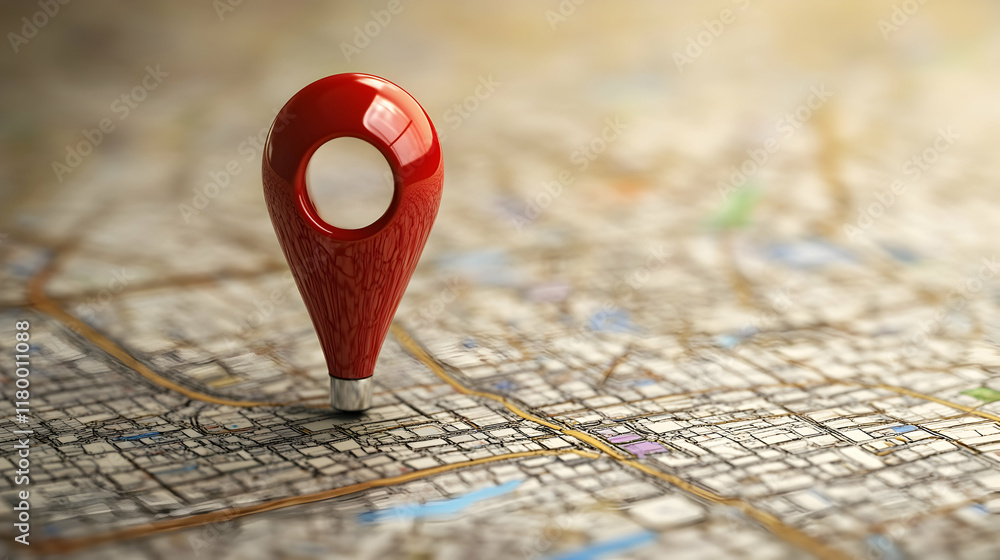 3D red location pin marking a significant point on a detailed city map ...