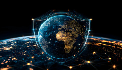 Wall Mural - 3d earth surrounded by a digital shield symbolizing secure global cybersecurity networks -