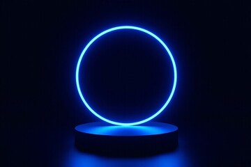Wall Mural - arafed blue neon ring on a round pedestal in a dark room