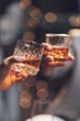© Kritdanai - Cheers to Connection: Two hands clink glasses of amber liquor, the warm glow of the beverage reflecting the blurred lights of the background in a toast to friendship, celebration.