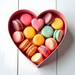 Wall Mural - Multi colored french macaroons in a Multi color heart shape box top view on white wooden background