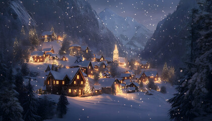 Wall Mural - a mountain village glowing with warm lights as snow gently falls over the peaceful winter landscape 
