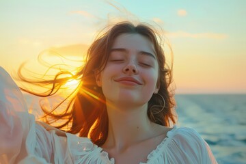 capturing joy at sunset by the sea, where golden light dances on gentle waves and a carefree spirit 