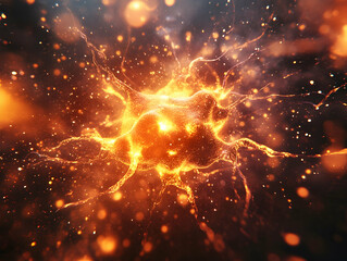Wall Mural - abstract depiction of a neuron firing with glowing energy in a detailed digital illustration -