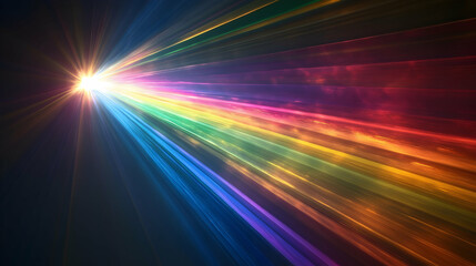 Sticker - Abstract spectrum of rainbow light rays passing through a prism against a dark backdrop -