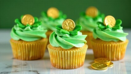 Wall Mural - Cupcakes with green buttercream tops, decorated with sugar clovers and gold coins, on a marble table. Festive dinner, St. Patrick's Day party