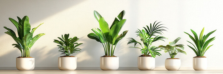 Poster - A collection of indoor plants in stylish pots, arranged in a line and illuminated by soft natural light, enhancing their vibrant colors