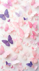 Poster - Various butterflies in pink and purple hues are arranged beautifully against a light background, showcasing their delicate wings and patterns