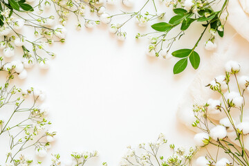 Aufkleber - A beautiful arrangement of tiny white flowers and greenery frames a blank space on a soft white surface, perfect for design purposes