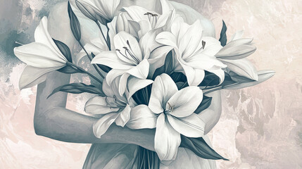 Poster - A woman embraces a bouquet of white lilies, surrounded by soft pastel backgrounds that evoke calm and serenity in the atmosphere