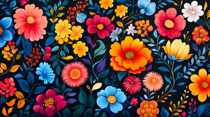 Poster - A collection of bright and colorful flowers arranged beautifully against a dark backdrop, showcasing various floral types and vibrant colors