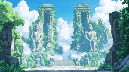 Wall Mural - Ancient Stone Statues Guarding Jungle Ruins