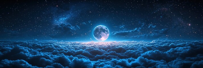 The moon casts a soft glow over a sea of clouds, creating a serene and captivating atmosphere under a starlit sky. The scene evokes a sense of wonder and peace