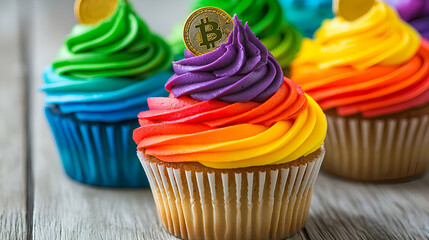 Wall Mural - Colorful cupcakes topped with rainbow frosting and a Bitcoin symbol, combining festive treats with a touch of cryptocurrency.