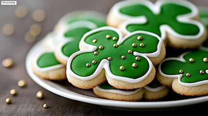 Wall Mural - Green shamrock-shaped cookies adorned with gold beads on a plate, perfect for celebrating St. Patrick's Day or festive gatherings.