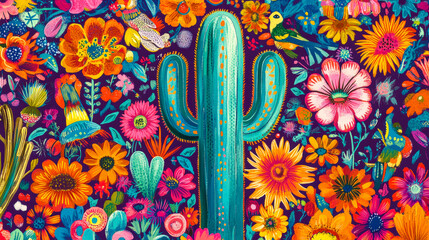 Poster - A desert-inspired garden bursts with color featuring a tall cactus surrounded by various flowers. The lively scene highlights nature\'s artistic patterns and textures