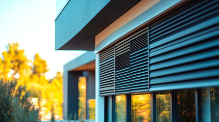 Poster - A sleek, modern home showcases horizontal window shutters, reflecting warm sunlight in a serene outdoor setting during a tranquil evening