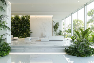 Poster - A spacious, elegantly designed living area features large glass windows, lush plants, and a bright, airy atmosphere filled with natural light