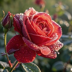 Sticker - Beautiful Red Rose in Full Bloom With Morning Dew. Generative AI