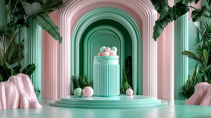 Sticker - A vibrant scene featuring pastel arches and a decorative pedestal displaying colorful spheres in a lush, tropical setting.