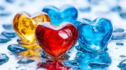 Poster - Colorful heart-shaped ice cubes on a wet surface, creating a vibrant and refreshing visual ideal for love-themed events or promotions.