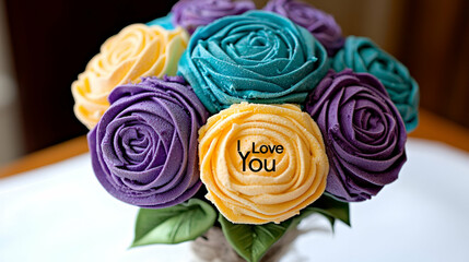 Poster - A colorful bouquet of decorative roses in purple, blue, and yellow, featuring a 