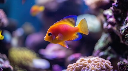 Colorful tropical fish swimming in vibrant coral reef aquarium underwater scene close-up perspective marine life