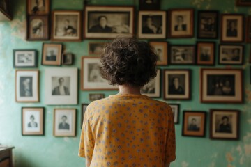 Young caucasian boy observing vintage black and white portraits in a gallery