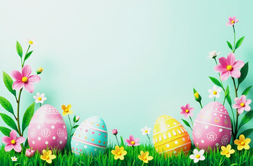 Wall Mural - colorful easter banner with eggs, little flowers on the grass and copy space in the middle