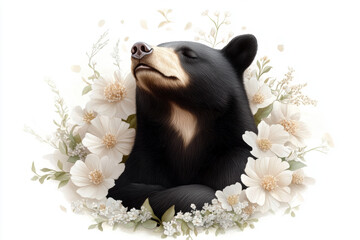 Poster - Cute bear and flower, A serene bear meditates amidst a vibrant circle of flowers, captured in high fidelity and enhanced detail, perfect for nature-themed projects.