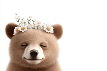 Poster - Cute bear and flower, A high-fidelity image of a bear with a flower behind its ear, showcasing a whimsical and charming nature scene perfect for artistic and commercial use.