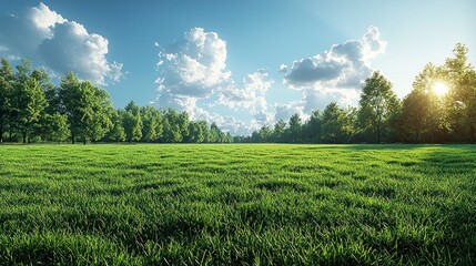 Wall Mural - Sunny field with green trees.