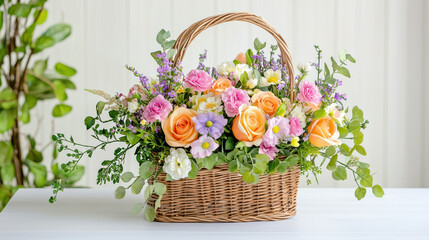 Wall Mural - beautiful floral arrangement in wicker basket featuring pink and orange roses, white daisies, and greenery, perfect for home decor or gifting