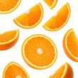 © Alper AI - Fresh orange slices floating isolated on a transparent background PNG, showing its bright orange skin and juicy texture.