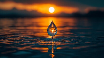 Wall Mural - Sunset reflected in water droplet.