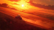 © Pavithiran - A tractor sprays an agricultural field with fertilizer on a sunset evening. Drone view. Illustration by Generative AI.