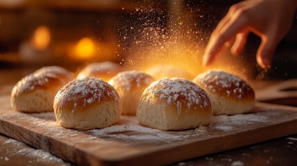 Sticker - A minimalistic photo of freshly baked rolls dusted with flour on a wooden board, with a hand reaching towards them