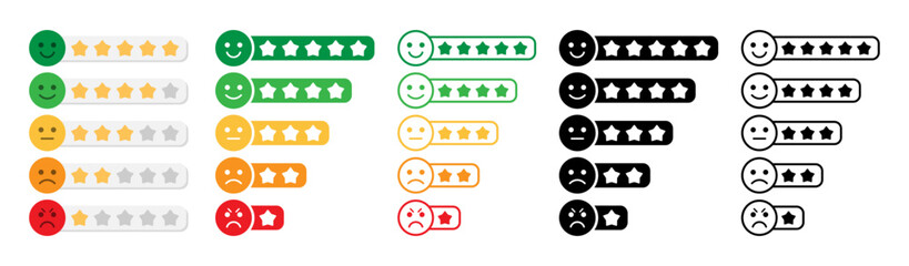 Aufkleber - Rating emoji with star set in different styles for customer experience feedback vector. Set of rating emoji with stars isolated. Star rating for a product review. Set of rating emoji vector.