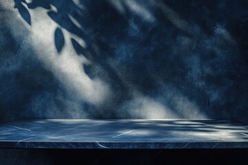 Wall Mural - Empty table on blue texture wall with organic shadow.