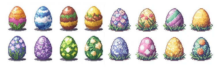 set of Colorful pixel-art easter eggs