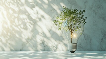 Wall Mural -   A plant-filled light bulb sits on a table before a wall with a shadow cast upon it